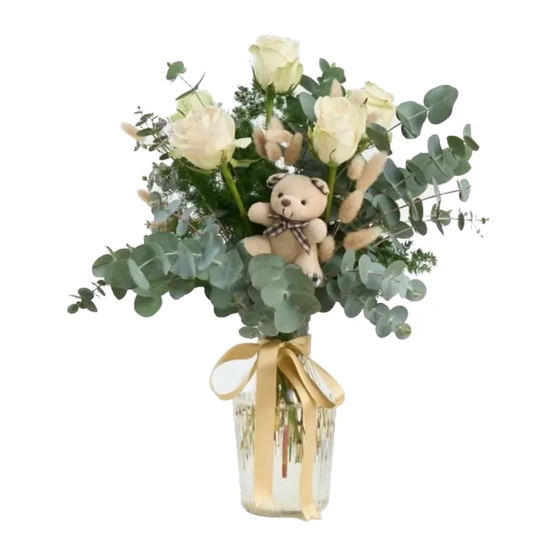 Silindir Vazoda Beyaz Gül ve Peluş Ayıcık